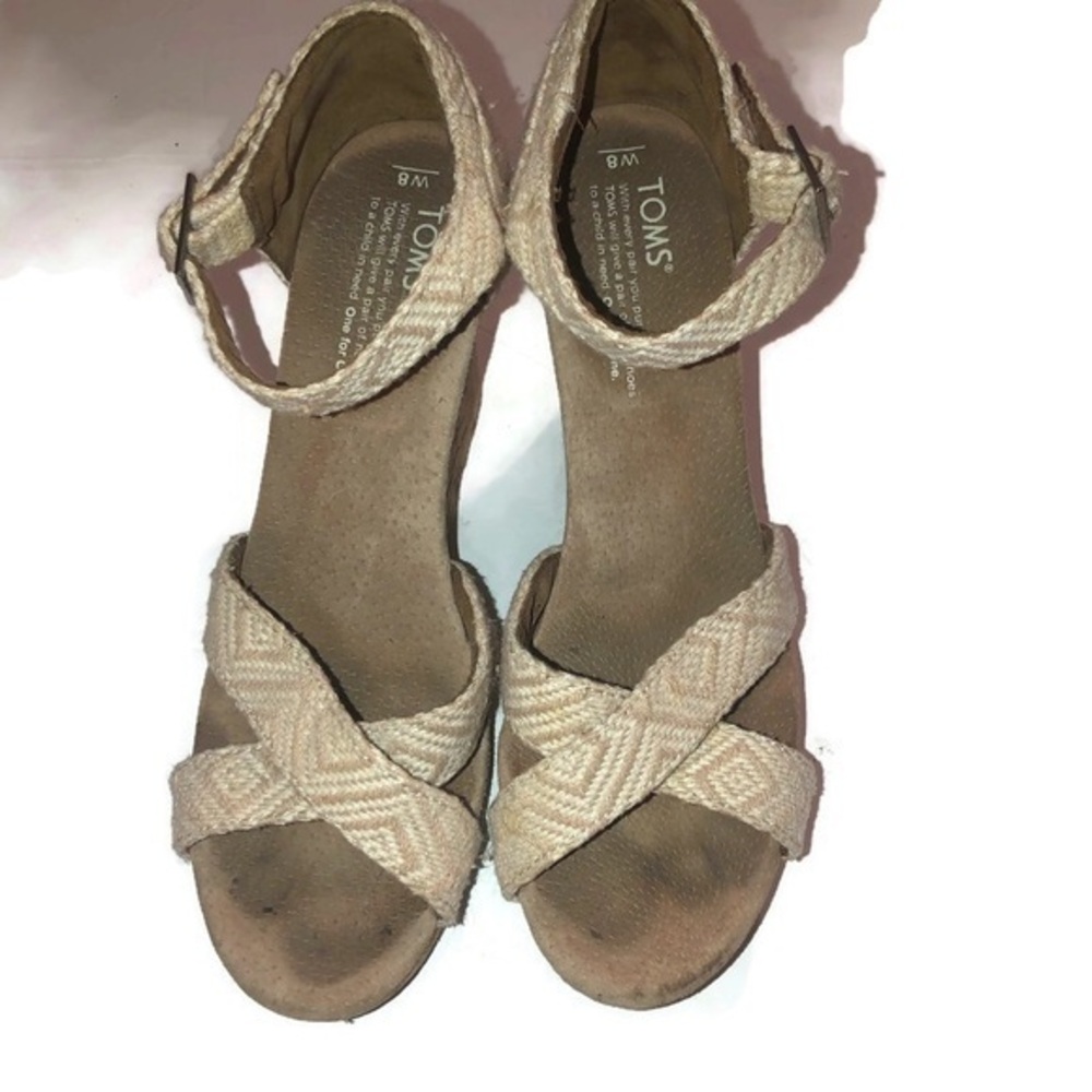 Toms Sandals Womens Sienna  Tribal Woven Ankle Strappy Cork Wedge Beige Sz 8